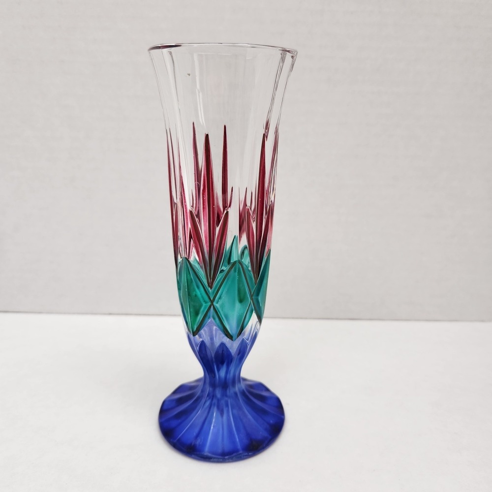 Vintage Handpainted Column Glass Vase 7" Tall Matte Worn Finish Red Green Blue